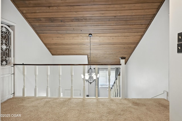 3310 Tana St, Joplin, MO 64804 - staircase featuring wood ceiling, carpet flooring, lofted ceiling, and a chandelier
