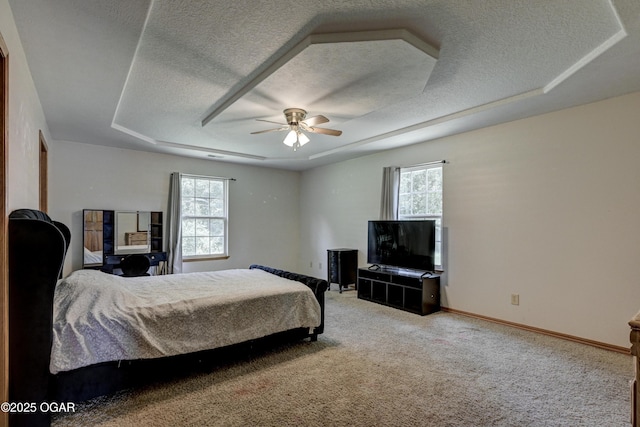 121 Fawn Trl, Seneca, MO 64865 - carpeted bedroom featuring a tray ceiling, multiple windows, a textured ceiling, and ceiling fan