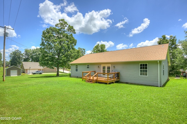 121 Fawn Trl, Seneca, MO 64865 - rear view of house featuring a deck, french doors, a yard, a shingled roof, and crawl space