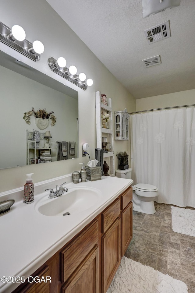 23841 Jaguar Rd, Oronogo, MO 64855 - full bathroom with vanity, stone finish floors, a textured ceiling, and a shower with curtain