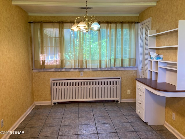 25399 Demott Dr, Joplin, MO 64801 - unfurnished dining area with radiator, healthy amount of natural light, a chandelier, and dark tile patterned flooring