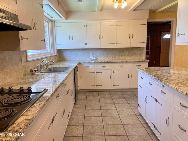 25399 Demott Dr, Joplin, MO 64801 - kitchen featuring under cabinet range hood, black appliances, backsplash, and white cabinetry
