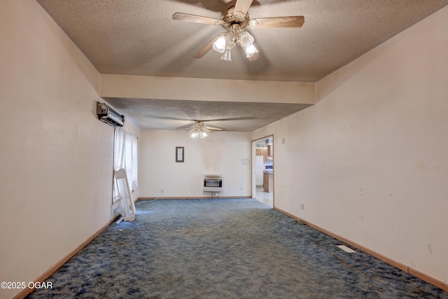 302 E Market St, Diamond, MO 64840 - unfurnished living room with a textured ceiling, a ceiling fan, heating unit, carpet floors, and an AC wall unit
