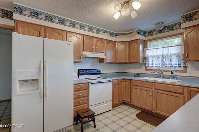 302 E Market St, Diamond, MO 64840 - kitchen with white appliances, under cabinet range hood, light countertops, a textured ceiling, and light floors