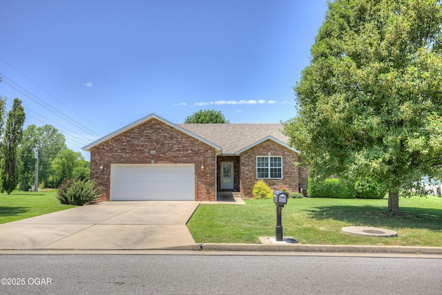3024 N Chandler Ave, Joplin, MO 64801 - ranch-style home with a garage, brick siding, a front lawn, driveway, and a shingled roof