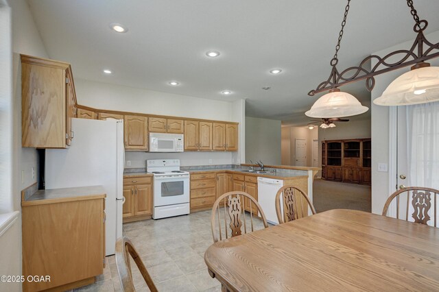 3024 N Chandler Ave, Joplin, MO 64801 - kitchen with white appliances, recessed lighting, a peninsula, hanging light fixtures, and light brown cabinetry