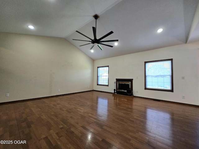 3511 Nola Dr, Joplin, MO 64801 - unfurnished living room featuring ceiling fan, vaulted ceiling, wood finished floors, and recessed lighting