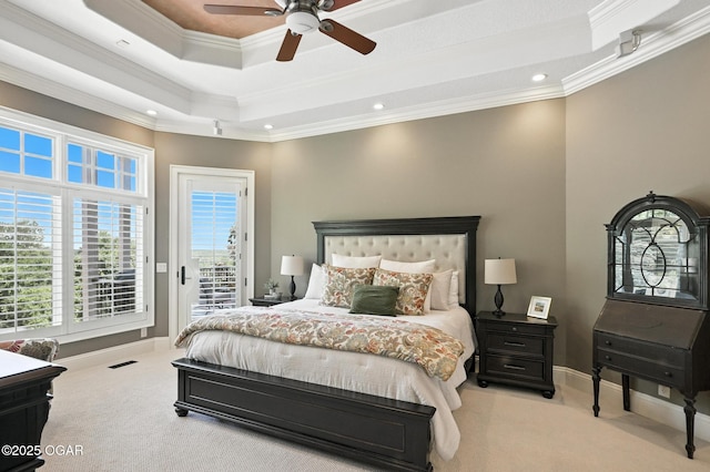 5738 Deer Park Ln, Joplin, MO 64804 - bedroom featuring carpet, access to exterior, crown molding, a raised ceiling, and recessed lighting