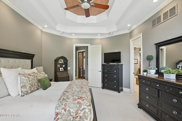 5738 Deer Park Ln, Joplin, MO 64804 - bedroom featuring light colored carpet, ornamental molding, a raised ceiling, recessed lighting, and ensuite bath