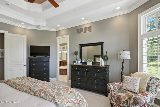 5738 Deer Park Ln, Joplin, MO 64804 - carpeted bedroom with ornamental molding, recessed lighting, ensuite bath, and a ceiling fan