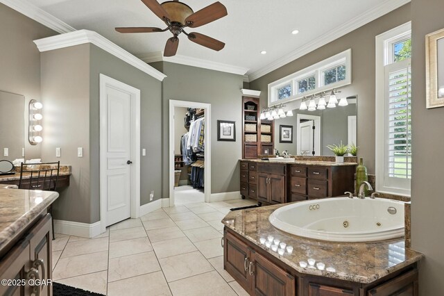 5738 Deer Park Ln, Joplin, MO 64804 - bathroom with vanity, a whirlpool tub, plenty of natural light, crown molding, and a ceiling fan