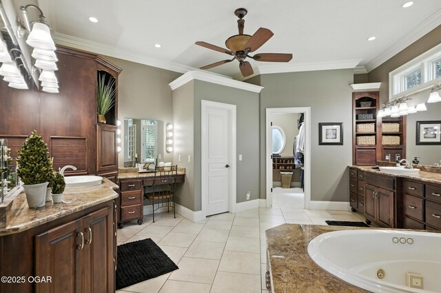 5738 Deer Park Ln, Joplin, MO 64804 - full bathroom featuring two vanities, a jetted tub, ceiling fan, crown molding, and recessed lighting