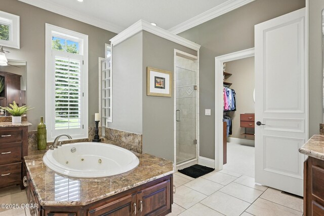 5738 Deer Park Ln, Joplin, MO 64804 - full bath featuring vanity, a shower stall, a whirlpool tub, ornamental molding, and tile patterned floors