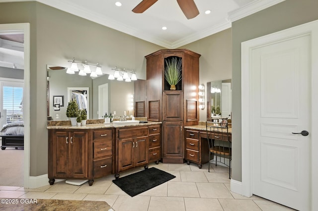 5738 Deer Park Ln, Joplin, MO 64804 - ensuite bathroom with a ceiling fan, vanity, tile patterned flooring, recessed lighting, and crown molding