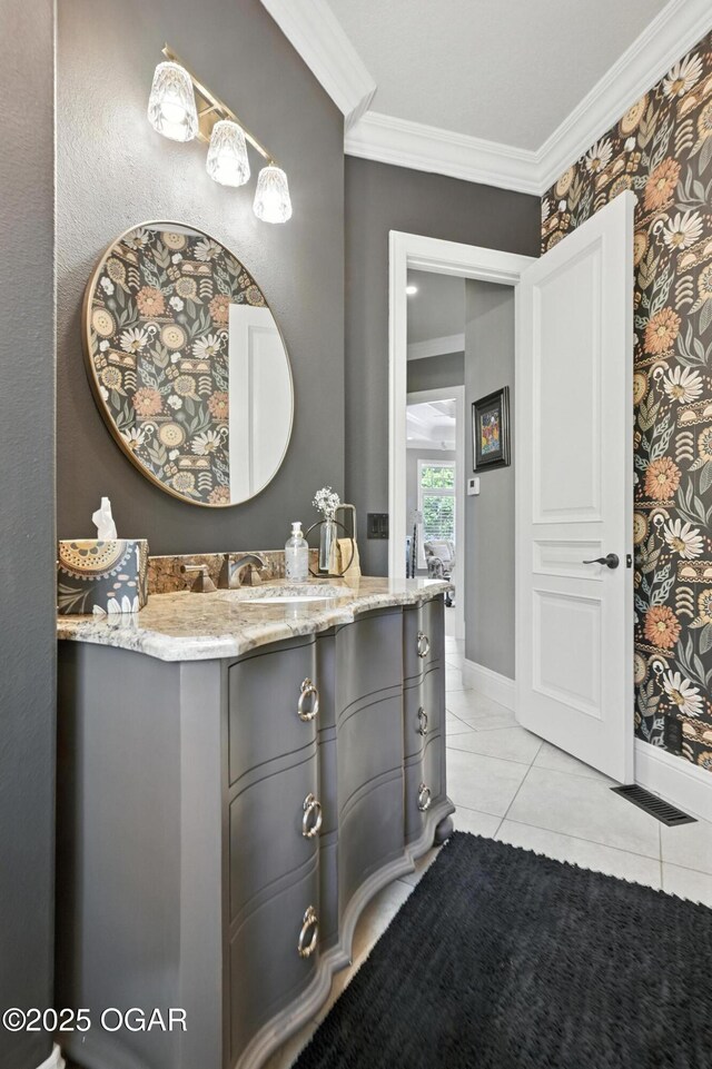 5738 Deer Park Ln, Joplin, MO 64804 - bathroom with crown molding, vanity, and tile patterned flooring