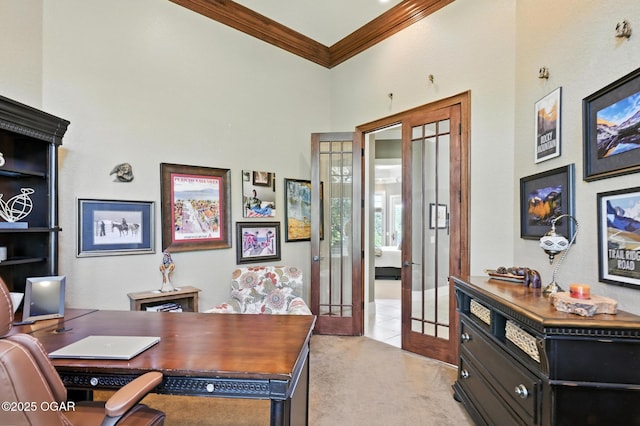 5738 Deer Park Ln, Joplin, MO 64804 - office featuring ornamental molding, french doors, light carpet, and light tile patterned flooring