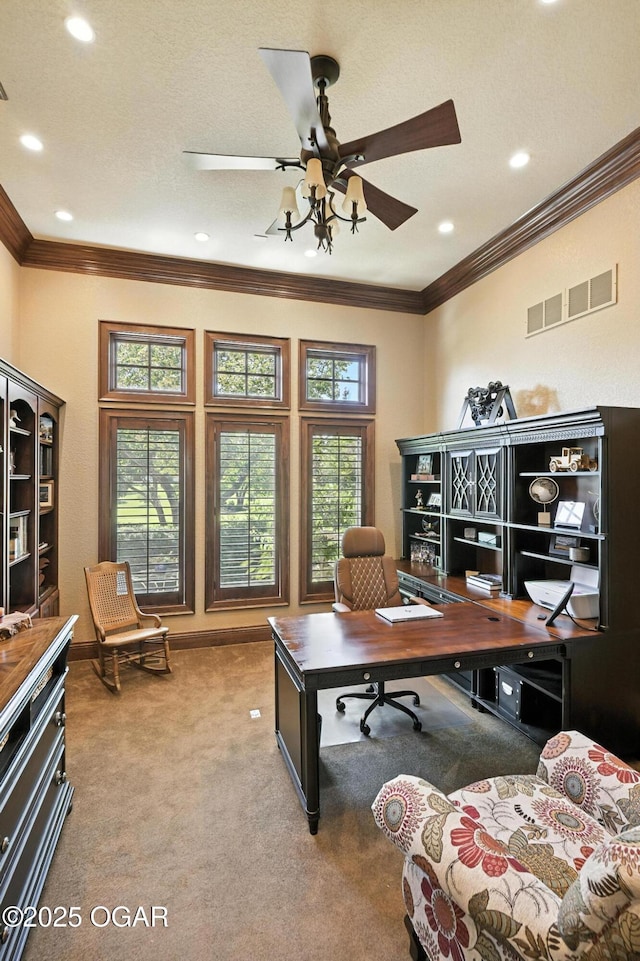 5738 Deer Park Ln, Joplin, MO 64804 - office space featuring carpet floors, healthy amount of natural light, ornamental molding, a ceiling fan, and recessed lighting