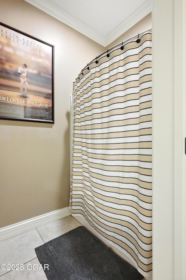 5738 Deer Park Ln, Joplin, MO 64804 - bathroom with crown molding, tile patterned floors, and a shower with shower curtain