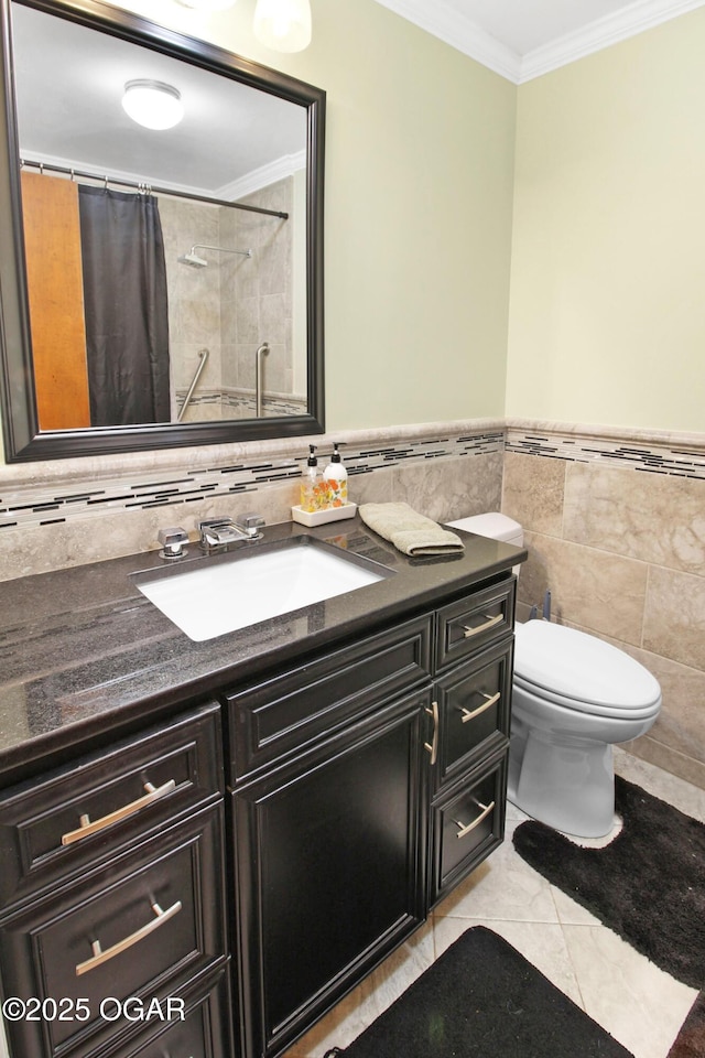 3508 Dirr Ave, Parsons, KS 67357 - bathroom with ornamental molding, tile walls, vanity, curtained shower, and tile patterned floors