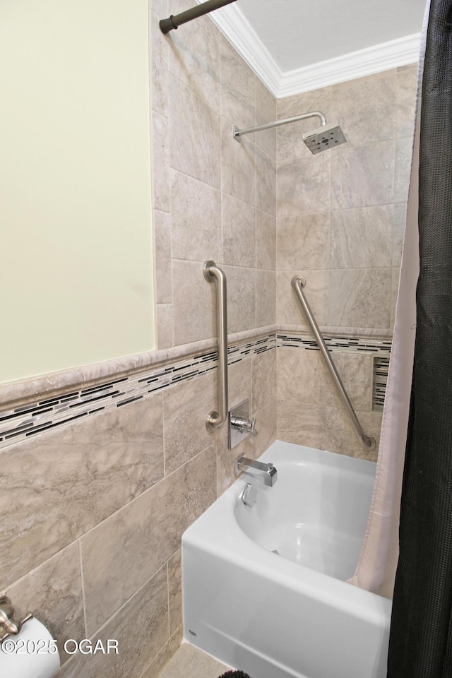 3508 Dirr Ave, Parsons, KS 67357 - bathroom with shower / bath combo, ornamental molding, and tile walls
