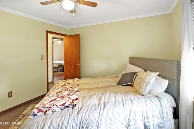 3508 Dirr Ave, Parsons, KS 67357 - bedroom with ornamental molding, wood finished floors, and ceiling fan