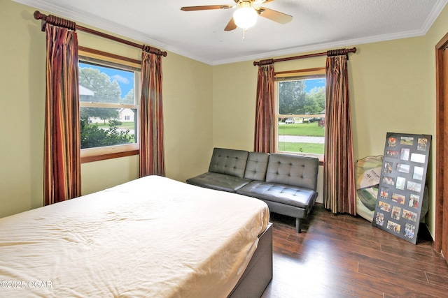 3508 Dirr Ave, Parsons, KS 67357 - bedroom with wood finished floors, multiple windows, crown molding, and a ceiling fan