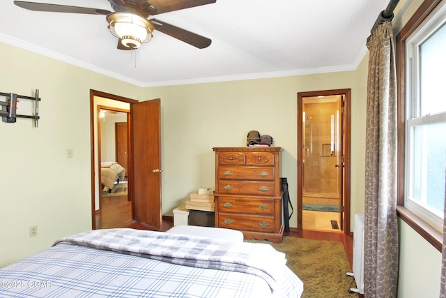 3508 Dirr Ave, Parsons, KS 67357 - bedroom featuring ornamental molding, a ceiling fan, radiator, and ensuite bath