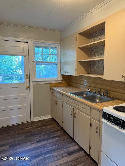 1705 S Walnut St, Pittsburg, KS 66762 - kitchen with white range with electric cooktop, crown molding, open shelves, dark wood finished floors, and white cabinetry