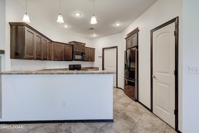 2036 S Ozark, Joplin, MO 64804 - kitchen featuring black appliances, dark brown cabinetry, a peninsula, pendant lighting, and recessed lighting