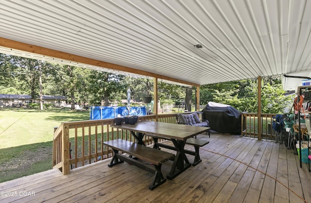 137 Lone Elm Dr, Carl Junction, MO 64834 - wooden deck with outdoor dining area, a lawn, grilling area, and an outdoor pool