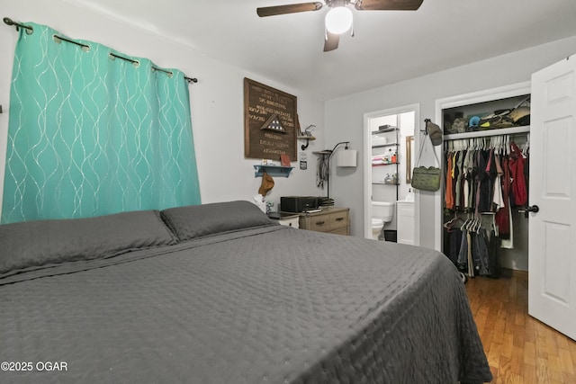 137 Lone Elm Dr, Carl Junction, MO 64834 - bedroom with wood finished floors, a closet, ensuite bathroom, and a ceiling fan
