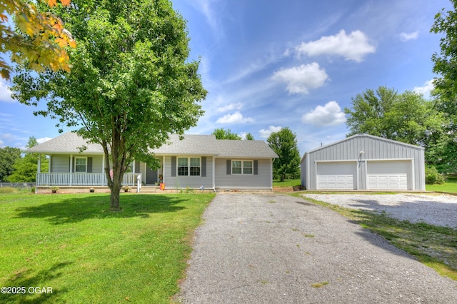 1501 Ryan Rd, Joplin, MO 64801 - ranch-style house with an outdoor structure, a detached garage, a front lawn, a porch, and a shingled roof