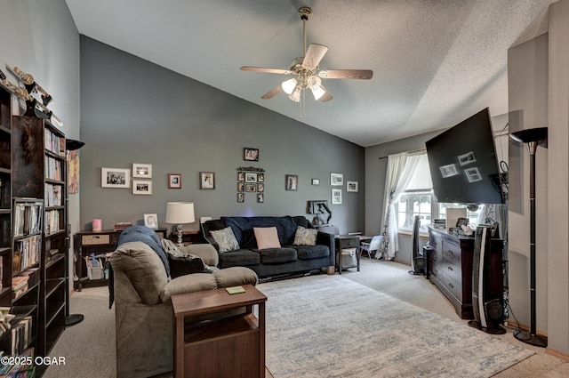 1501 Ryan Rd, Joplin, MO 64801 - living room with a ceiling fan, light carpet, a textured ceiling, and high vaulted ceiling