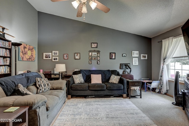 1501 Ryan Rd, Joplin, MO 64801 - living room featuring ceiling fan, light carpet, high vaulted ceiling, and a textured ceiling