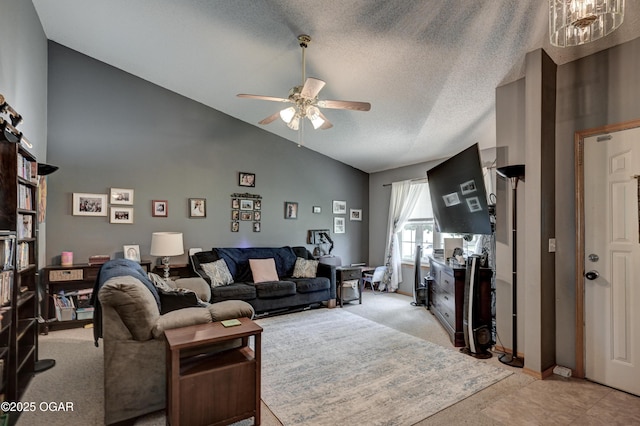 1501 Ryan Rd, Joplin, MO 64801 - living room with a ceiling fan, high vaulted ceiling, light colored carpet, and a textured ceiling