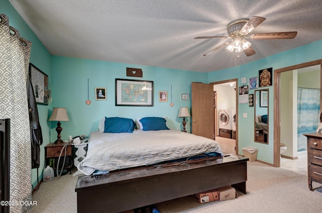 1501 Ryan Rd, Joplin, MO 64801 - bedroom featuring washer and clothes dryer, light carpet, a textured ceiling, ensuite bath, and ceiling fan