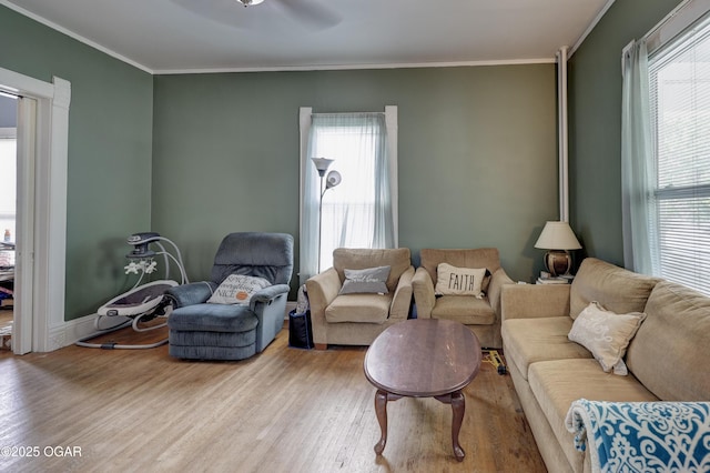 119 S Moffet Ave, Joplin, MO 64801 - living room featuring wood finished floors, a ceiling fan, and crown molding