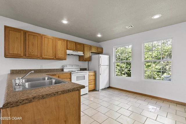 418 W Mccord St, Neosho, MO 64850 - kitchen with white appliances, under cabinet range hood, dark countertops, recessed lighting, and brown cabinets
