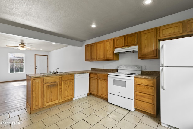 418 W Mccord St, Neosho, MO 64850 - kitchen featuring white appliances, under cabinet range hood, a peninsula, recessed lighting, and brown cabinets