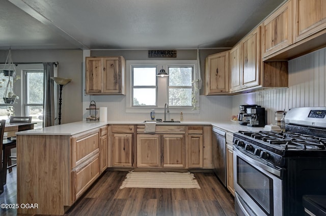 605 SE 10th Ln, Lamar, MO 64759 - kitchen featuring stainless steel appliances, dark wood-style floors, a peninsula, and light countertops