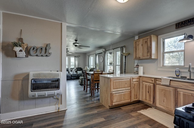 605 SE 10th Ln, Lamar, MO 64759 - kitchen with heating unit, a textured ceiling, healthy amount of natural light, dark wood finished floors, and a peninsula