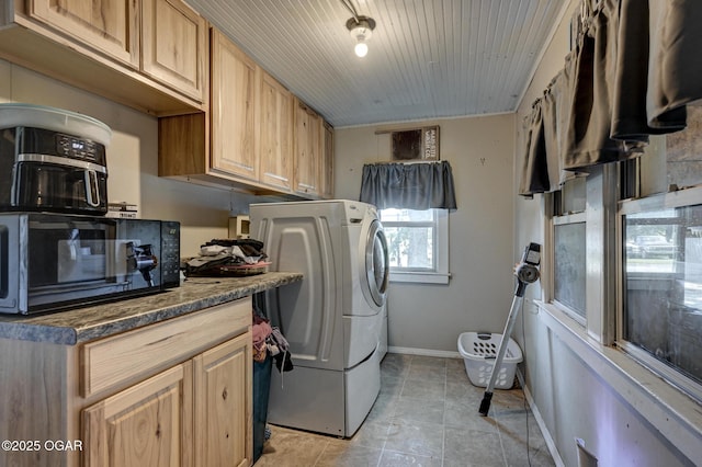 605 SE 10th Ln, Lamar, MO 64759 - laundry area with washer / clothes dryer, light tile patterned floors, and wooden ceiling