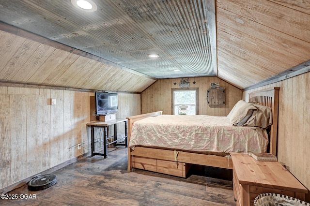 605 SE 10th Ln, Lamar, MO 64759 - bedroom with wood walls, vaulted ceiling, wood-type flooring, and wooden ceiling