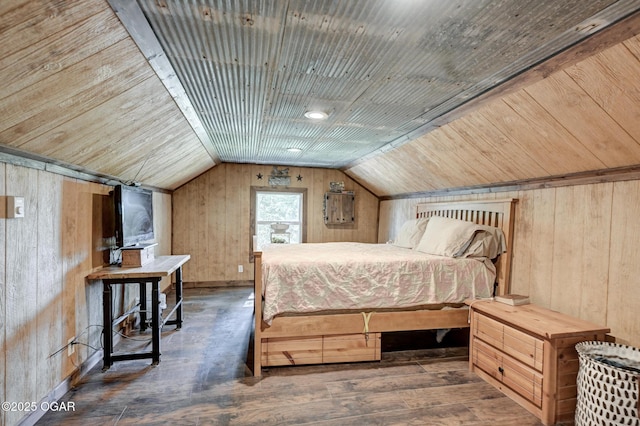 605 SE 10th Ln, Lamar, MO 64759 - bedroom featuring wooden walls, vaulted ceiling, wood-type flooring, and wood ceiling