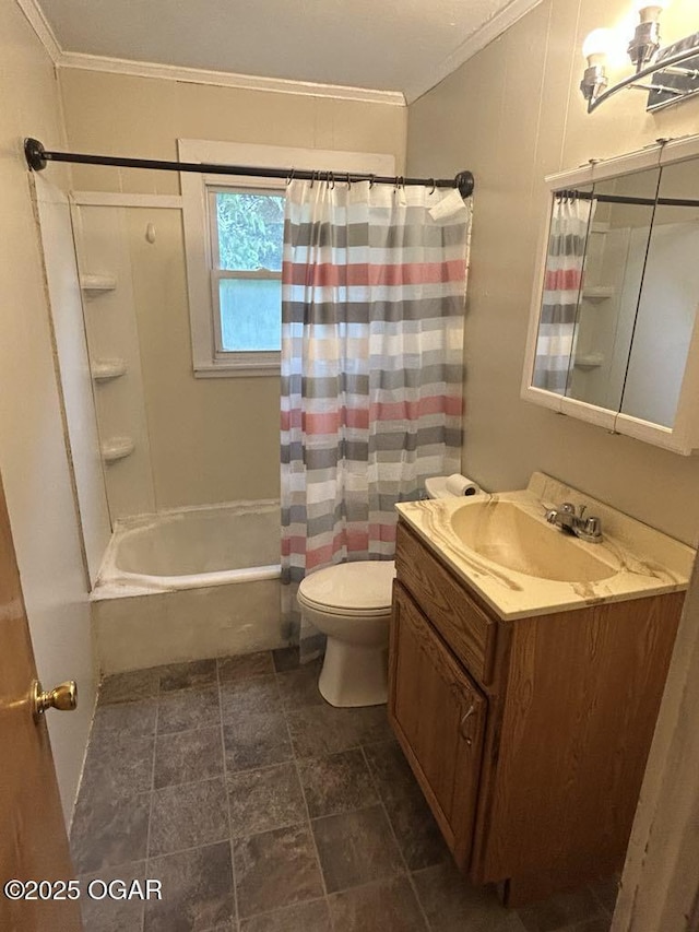 419 Depot St, Oswego, KS 67356 - bathroom with crown molding, vanity, shower / bath combo, and stone finish floors
