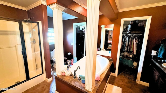 4950 SE 118th St, Galena, KS 66739 - full bathroom featuring ornate columns, a shower stall, ornamental molding, a walk in closet, and vanity