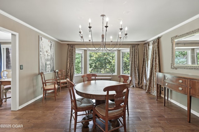 5623 Rivercrest Valley Dr, Joplin, MO 64804 - dining area featuring a chandelier, ornamental molding, and dark wood finished floors