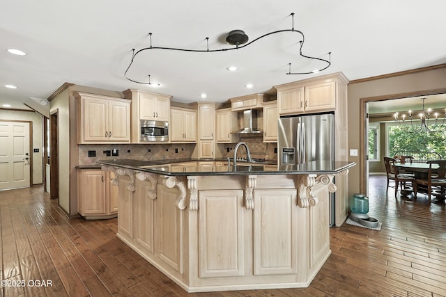 5623 Rivercrest Valley Dr, Joplin, MO 64804 - kitchen featuring appliances with stainless steel finishes, wall chimney range hood, crown molding, a kitchen bar, and dark wood-type flooring