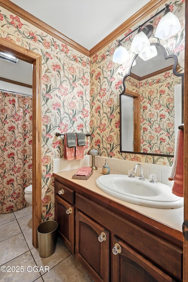 5623 Rivercrest Valley Dr, Joplin, MO 64804 - full bath with crown molding, wallpapered walls, vanity, and tile patterned floors