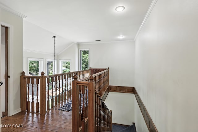 5623 Rivercrest Valley Dr, Joplin, MO 64804 - staircase with plenty of natural light, crown molding, lofted ceiling, and wood finished floors
